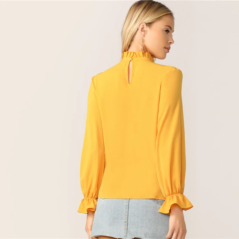 SHEIN модный топ с оборками на шее и манжетах, блузка с длинными рукавами и воротником-стойкой для женщин, весна-осень