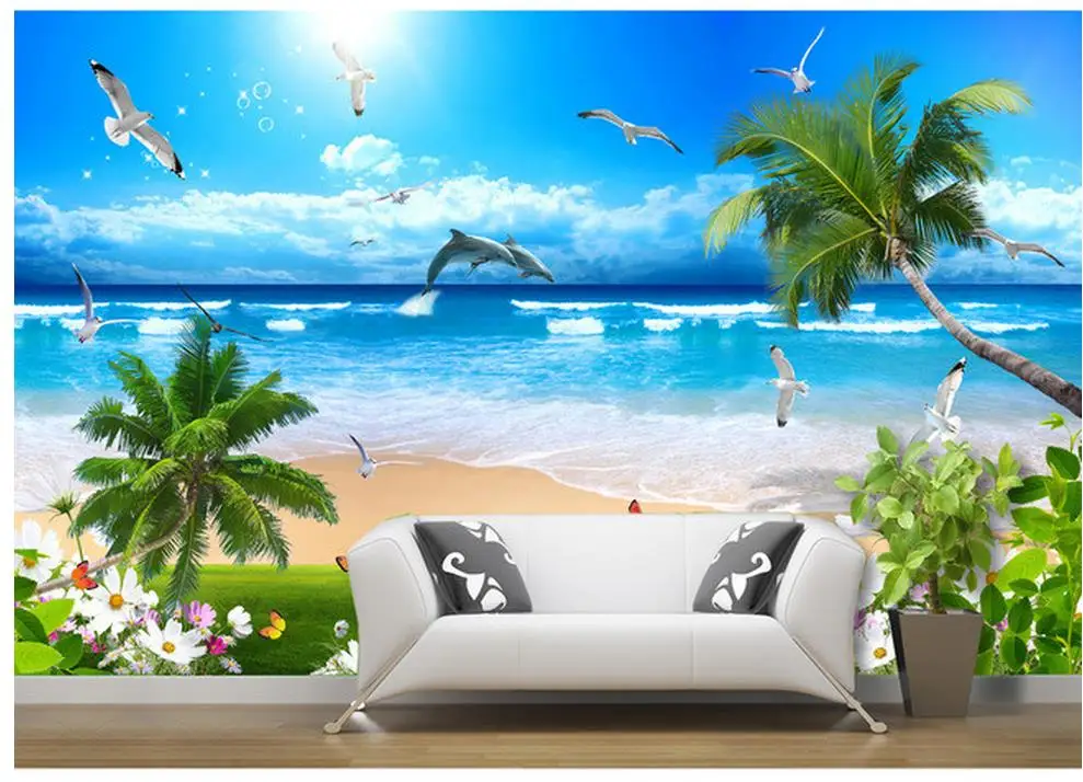 Пользовательские 3d фото обои ванная комната пляж дерево волны газон дорога чайки