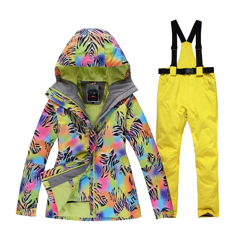 yellow pant Женская зимняя одежда с рисунком зебры, верхняя одежда, комплекты для сноубординга, водонепроницаемые ветрозащитные дышащие лыжные куртки и зимние штаны с поясом - Цвет: yellow pant
