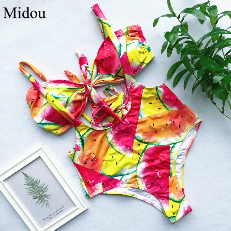 Midou арбузное бандо бикини 2019 Siwmwear высокая талия купальник мягкий фруктовый принт