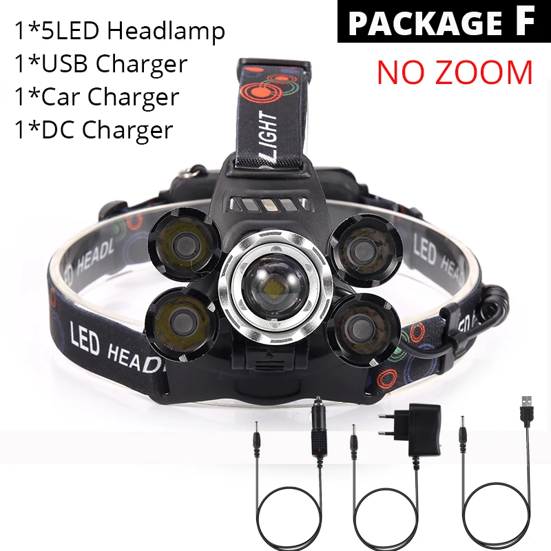 Package F 6000лм XM-T6x3 светодиодный фонарик с зумом, 5 светодиодный фонарь для кемпинга, рыбалки, налобный фонарь, 2*18650 батареи/AC/Car/Usb/зарядка - Испускаемый цвет: Package F