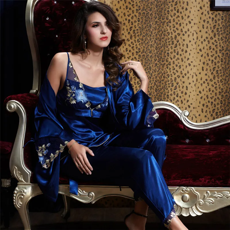 Xifenni Pajama Sets Female Sexy Satin Silk Sleepwear Women Lace Embroidery Long-Sleeve Pyjamas Faux SILK Home Clothing 20343