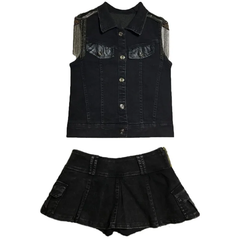 vest and skirt Новинка, женский джинсовый жилет, осенняя корейская мода, безрукавка с кисточками, жилеты, женские джинсовые шорты, куртки, Повседневная Уличная одежда - Цвет: vest and skirt