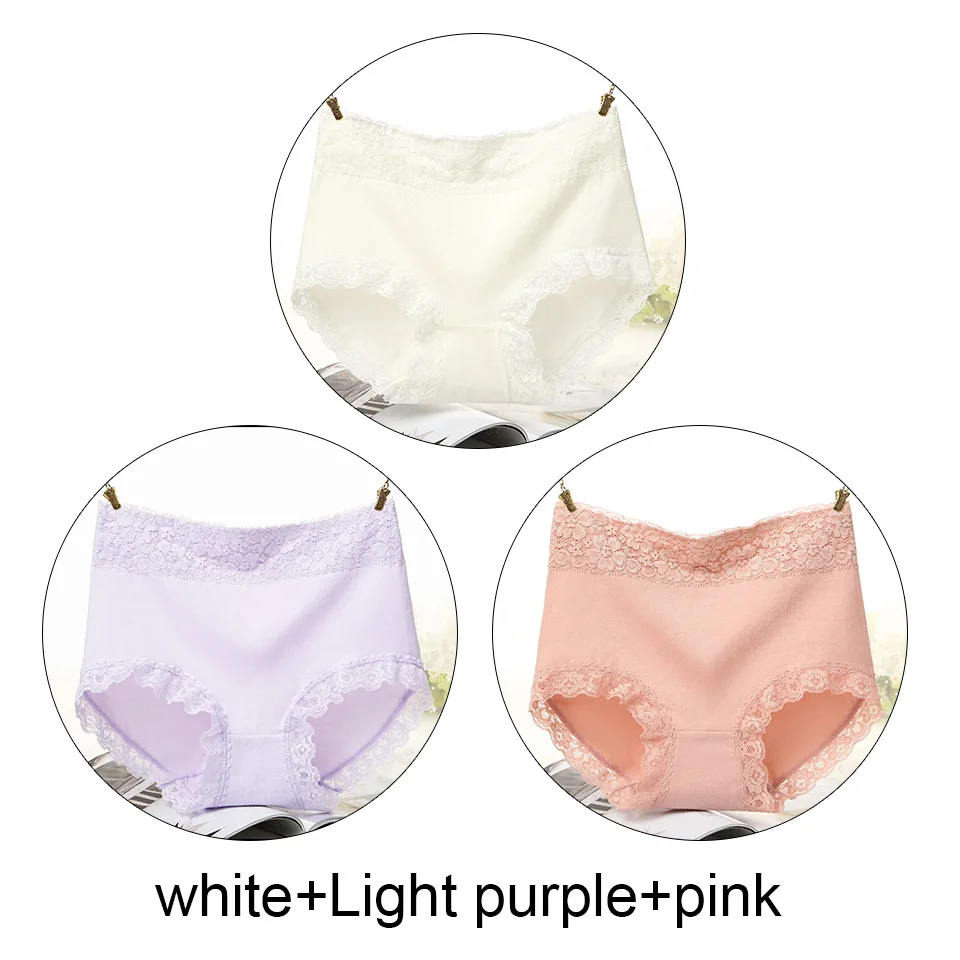 white Light-purple p 3 шт., Трусики с высокой талией, хлопковое нижнее белье для женщин, однотонные бесшовные трусы, кружевные сексуальные трусики, женское нижнее белье для зимы, новинка - Цвет: white Light-purple p