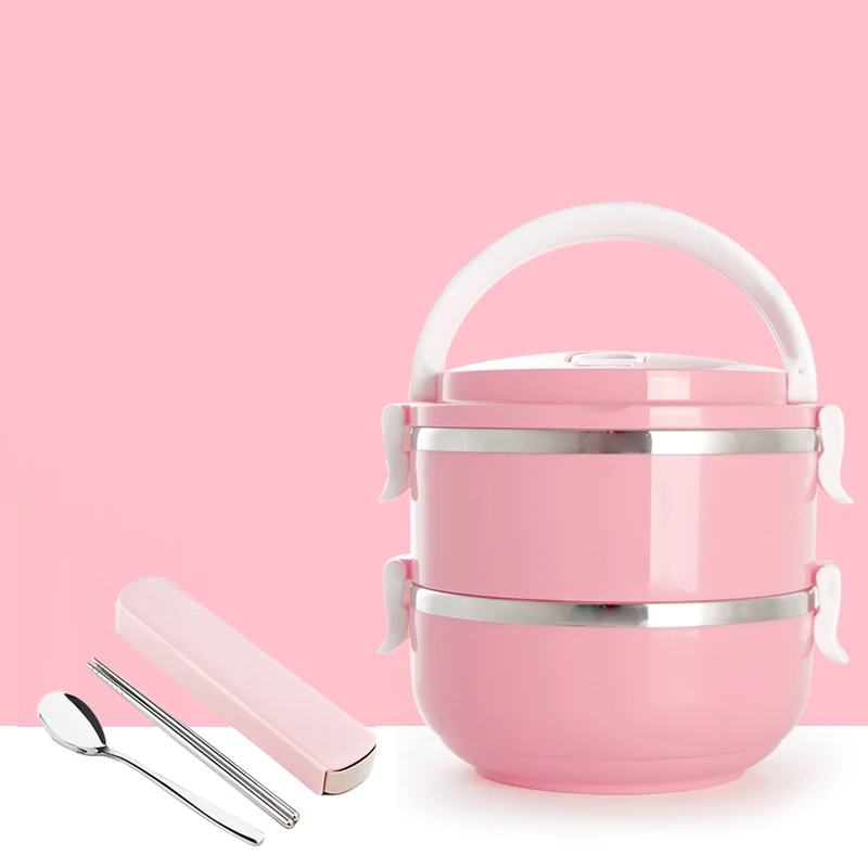 Pink 2 Layer Металлический Ланч-бокс из нержавеющей стали для детей, студентов, Теплоизоляционный контейнер для суши, Портативный японский Бенто-бокс, столовый набор - Цвет: Pink 2 Layer