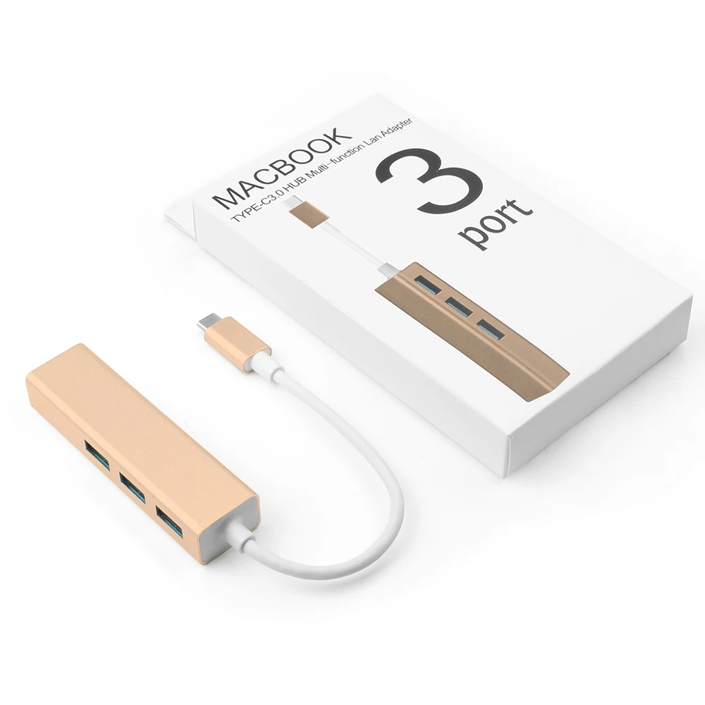 gold USB C на 3 порта USB разветвитель 3,0 концентратор type C Thunderbolt 3 для RJ45 100 Мбит/с Ethernet адаптер для Macbook Pro 13 15 16 дюймов - Цвет: gold