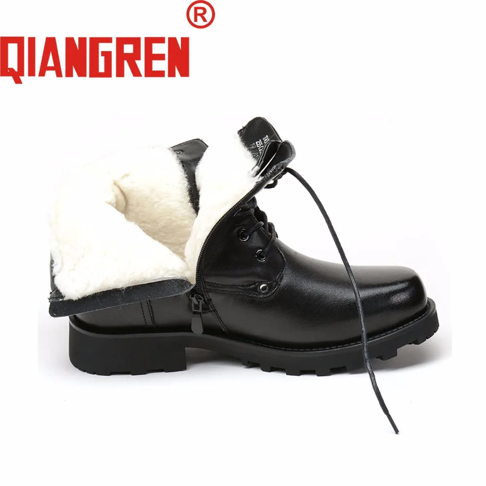 QIANGREN/Военные мужские зимние ботинки из натуральной кожи и шерсти; черные зимние тактические ботинки на резиновой подошве; Мужская Уличная обувь; Botas Militar