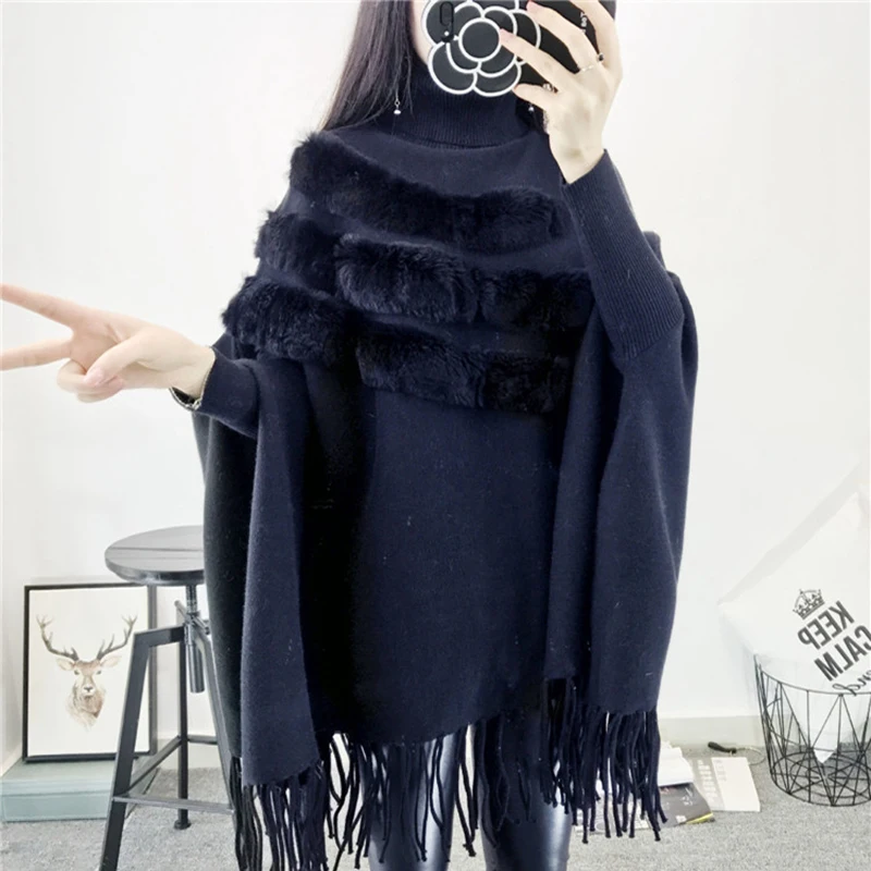 New Fashion Autumn And Winter Women High Collar Real Rabbit Fur Cloak Pullover Lady Bat Sleeves Tassel Poncho Sweater Knitwear | Женская