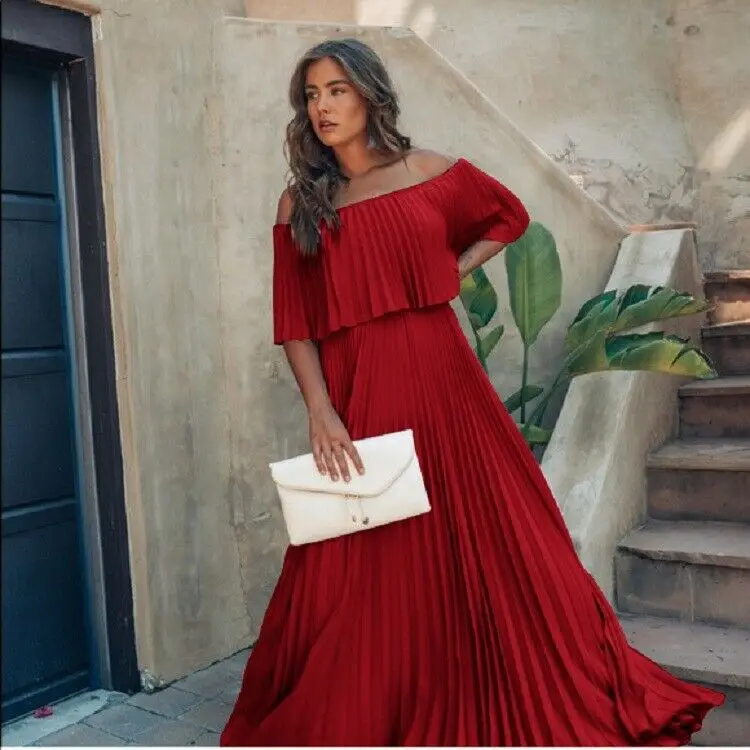 Женское длинное плиссированное платье Boho вечернее пляжное с открытыми плечами