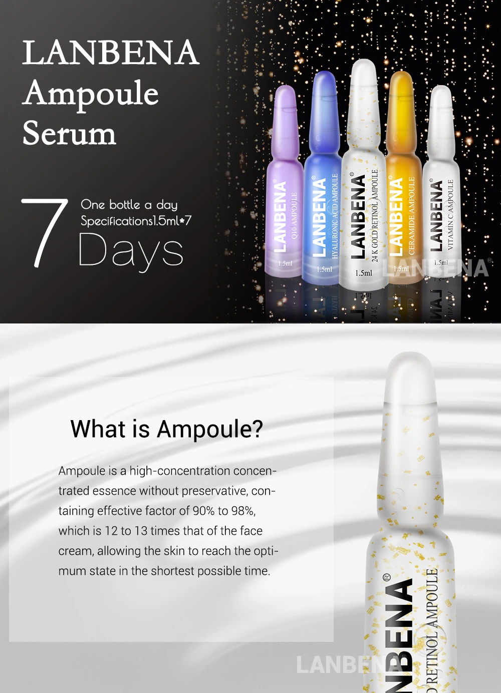 LANBENA ампулы сывороточная Гиалуроновая кислота+ витамин С+ 24 K Gold ретинол+ Q10+ Церамид Anti-Aging морщин увлажняющий, красота для 7 дней
