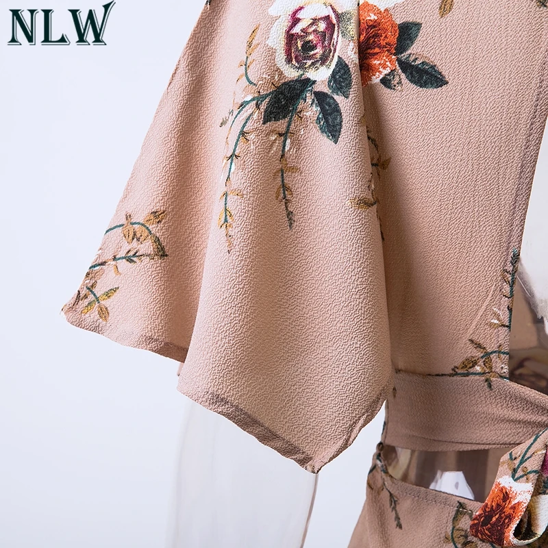 NLW Boho Цветочный шифоновый комбинезон с v-образным вырезом и открытой спиной с коротким рукавом на молнии летний Боди женский сексуальный пляжный комбинезон цвета хаки