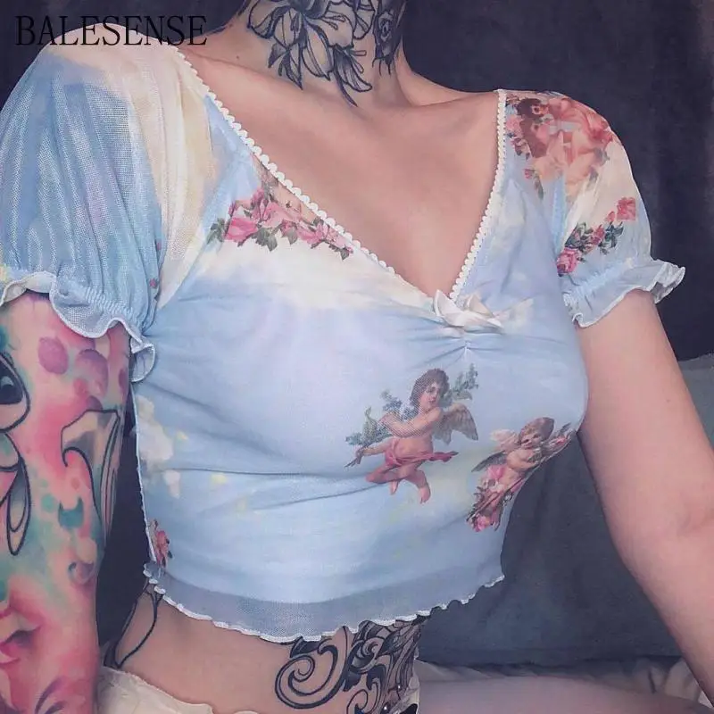 Футболка с принтом ангела v-образным вырезом оборками сетчатый топ женские