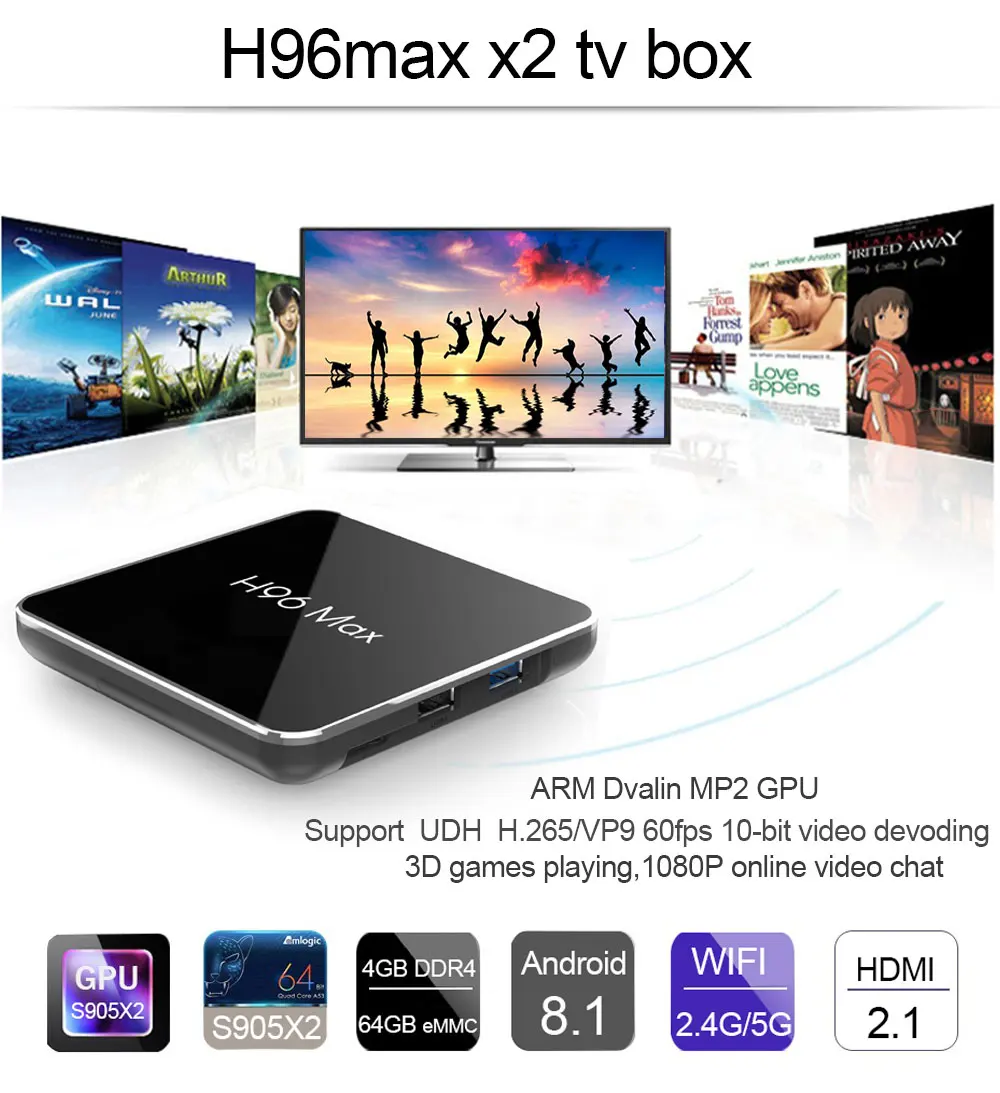 H96 Max x2 caja de tv inteligente Android 8,1 четырехъядерный процессор Amlogic S905X2 LPDDR4 4 Гб 64 Гб 2,4G y 5 ГГц Wifi 4 K ТВ-приставка
