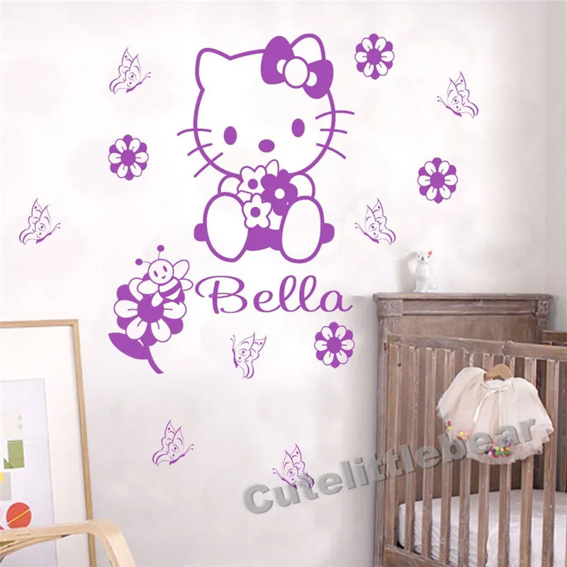 Пользовательское имя мультфильм hello kitty настенные наклейки Детские Настенная Наклейка для комнаты Персонализированная Наклейка на стену для девочек Детская комната