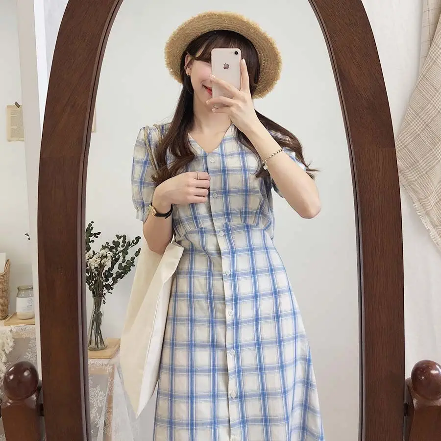 Большие размеры; летнее платье для девочек; Boho вечерние женские винтажные платья; клетчатый кардиган с пуговицами; женские платья с коротким рукавом; длинное платье; Vestido