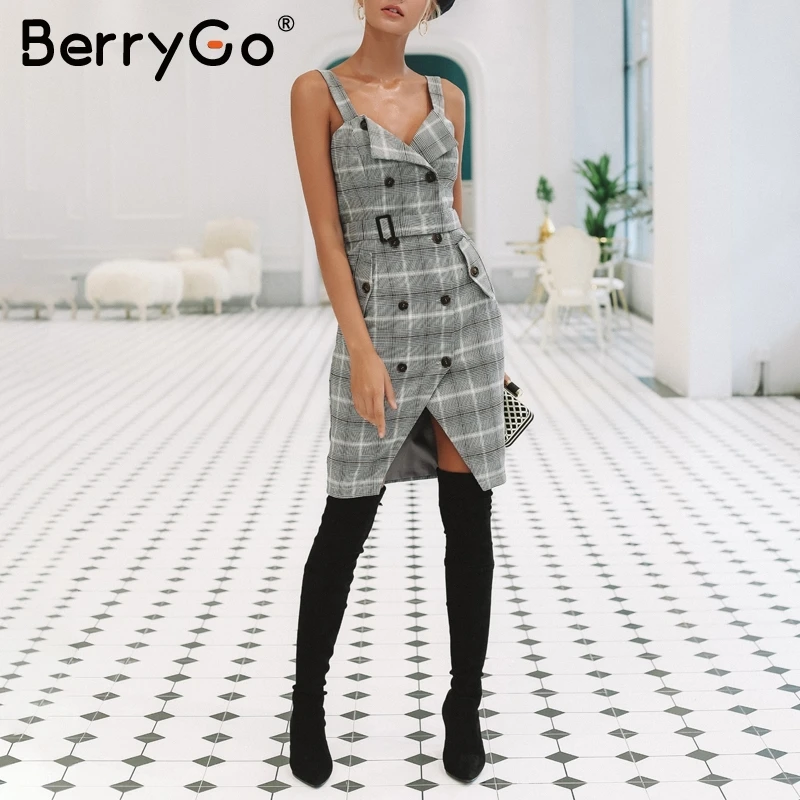 Зимнее клетчатое платье миди с BerryGo ремнем 2018 OL разрезом поясом карманами