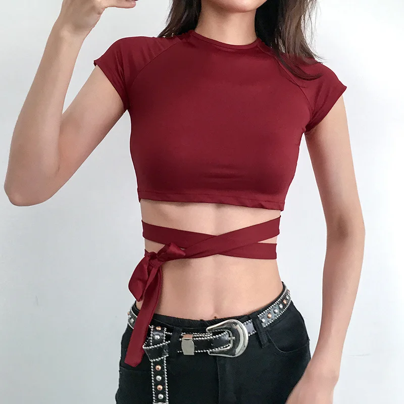 Summer T-Shirt Women 2019 New Arrivals High Street Hollow Out Short Sleeve Tops Tees Sexy Ties Up Crop Top Slim Party T-Shirts | Женская