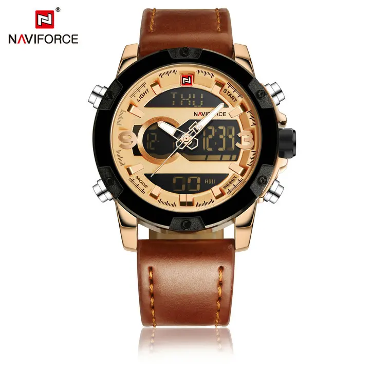 NAVIFORCE мужские спортивные часы Топ люксовый бренд кварцевые цифровые часы кожаный ремешок водонепроницаемые Модные Военные аналоговые Мужские часы - Цвет: BROWN RG