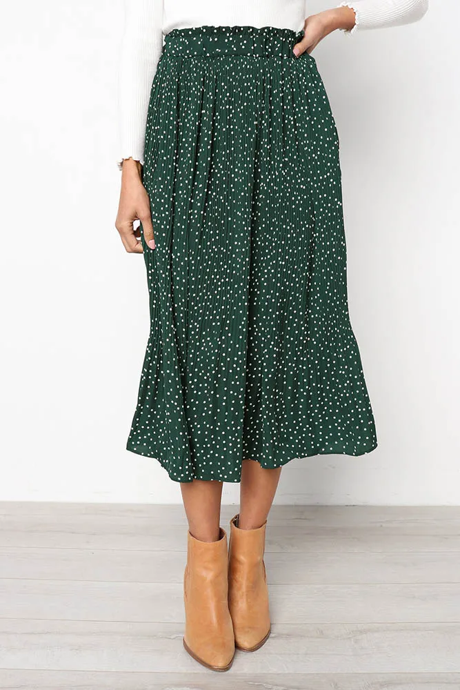 Dark Green Polka dot SUNJINACRO, Женская плиссированная юбка, высокое качество, юбка средней длины в горошек, с карманами, желтая, зеленая, юбки для девочек на лето и осень - Цвет: Dark Green Polka dot