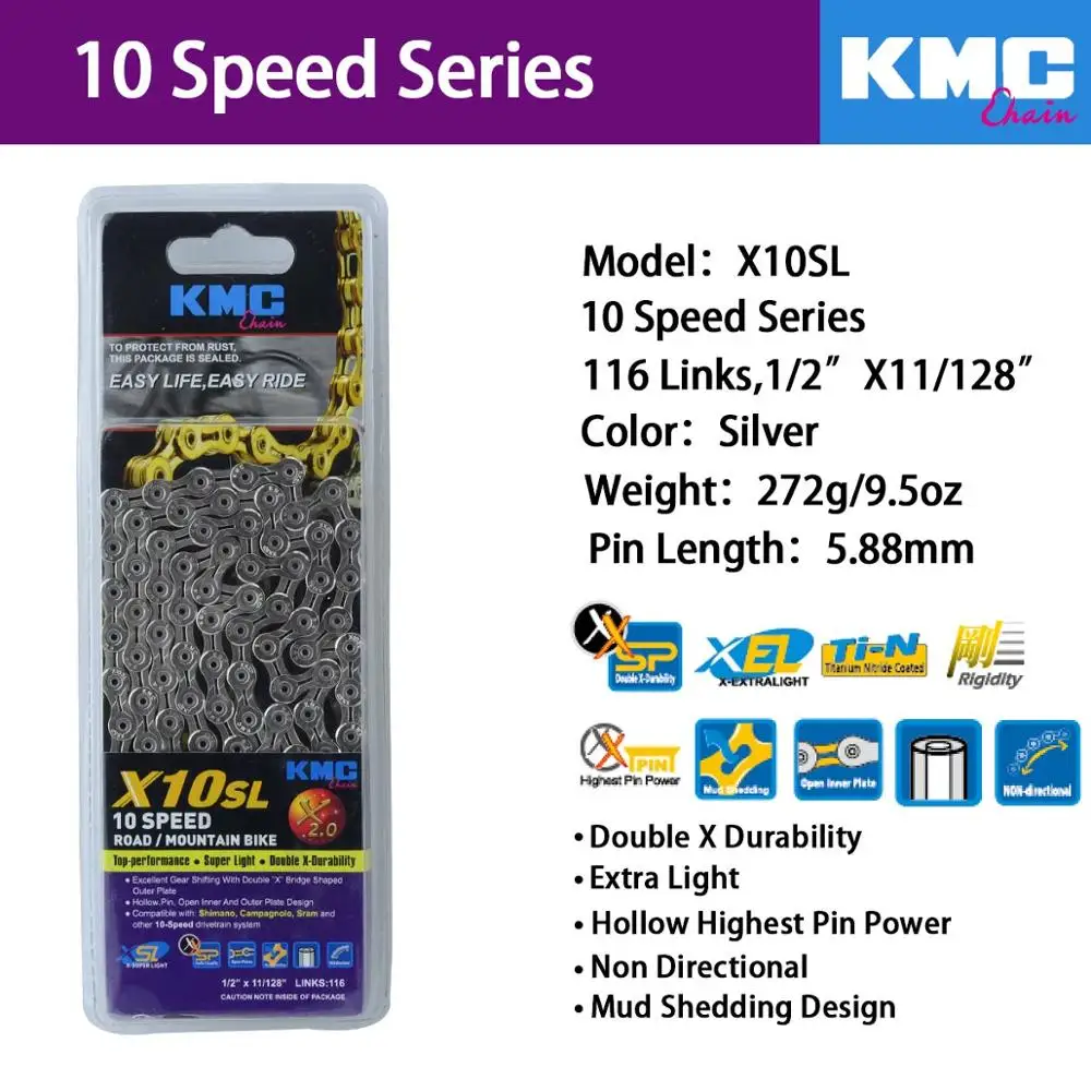 KMC X8 X9 X9sl X10 X10sl X11SL Z99 велосипедная цепь 9S 10S 11S золото для MTB/шоссейного велосипеда fo Shimano/SRAM 8 9 10 11 скорость 116л/цепной велосипед - Цвет: X10SL-Silver