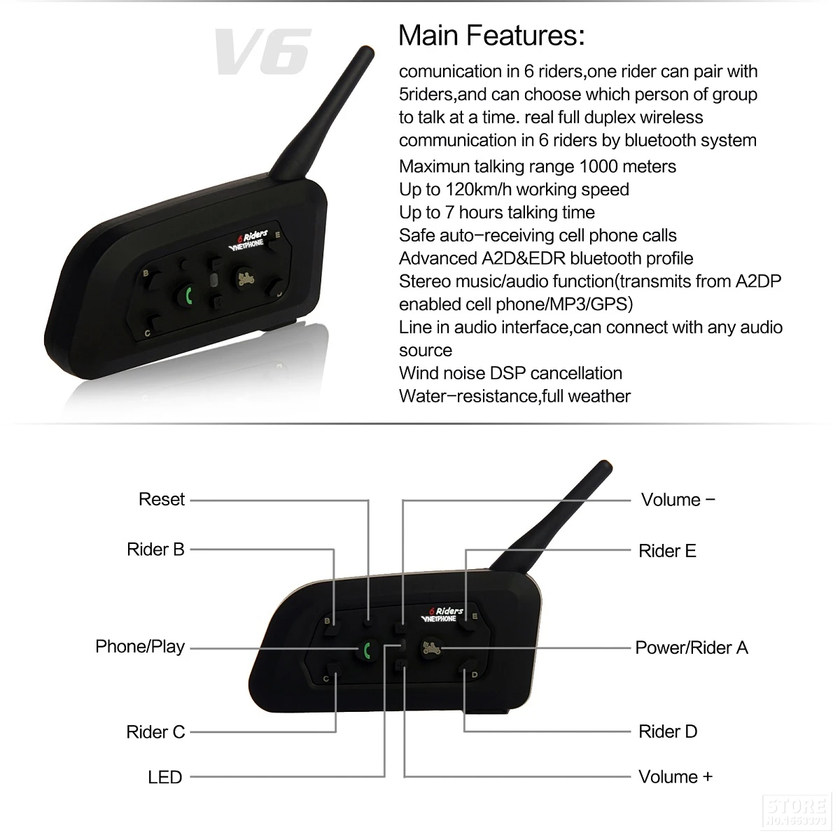 VnetPhone 1200 м Мотоциклетный шлем домофон V6 Bluetooth гарнитура водонепроницаемый беспроводной мото гарнитура FM радио домофон