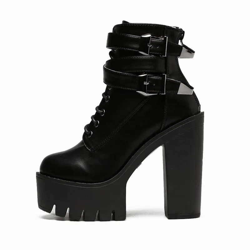 

2018 Autumn Fashion Women Boots High Heels Platform Buckle Lace Up Leather Short Booties Black Ladies Shoes Good Quality
