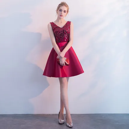 wine red short Цвет красного вина Изящные Вечерние платья с О-образным вырезом, расшитые блестками, по колено вечерние платье без рукавов цвета шампанского с молнией на спине Деловое платье для выпускного вечера E406 - Цвет: wine red short