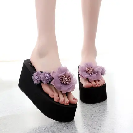 purple 8cm style2 Женские шлепанцы на танкетке и высоком каблуке Женская обувь г. Новые модные летние пляжные сандалии красного цвета с толстой подошвой вьетнамки - Цвет: purple 8cm style2
