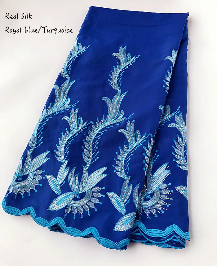 Royal blue Turquoise Супер кружево мягкий натуральный шелк тяжелая африканская швейцарская вуаль кружевная Ткань 5 ярдов в штуке - Цвет: Royal blue Turquoise