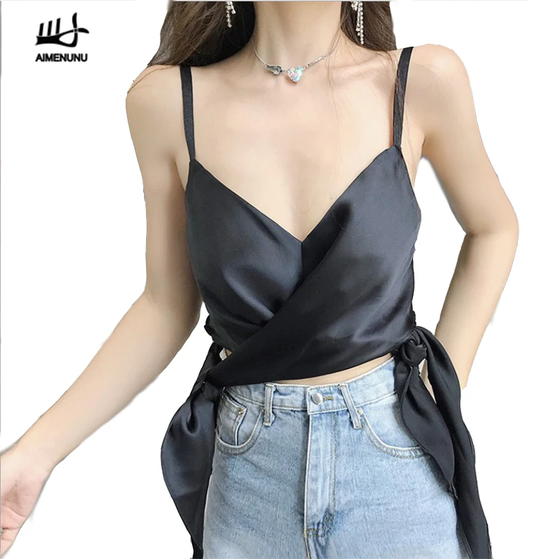 AIMENUNU сексуальный v образный вырез атласная рубашка Топ Женская обувь на шнурках
