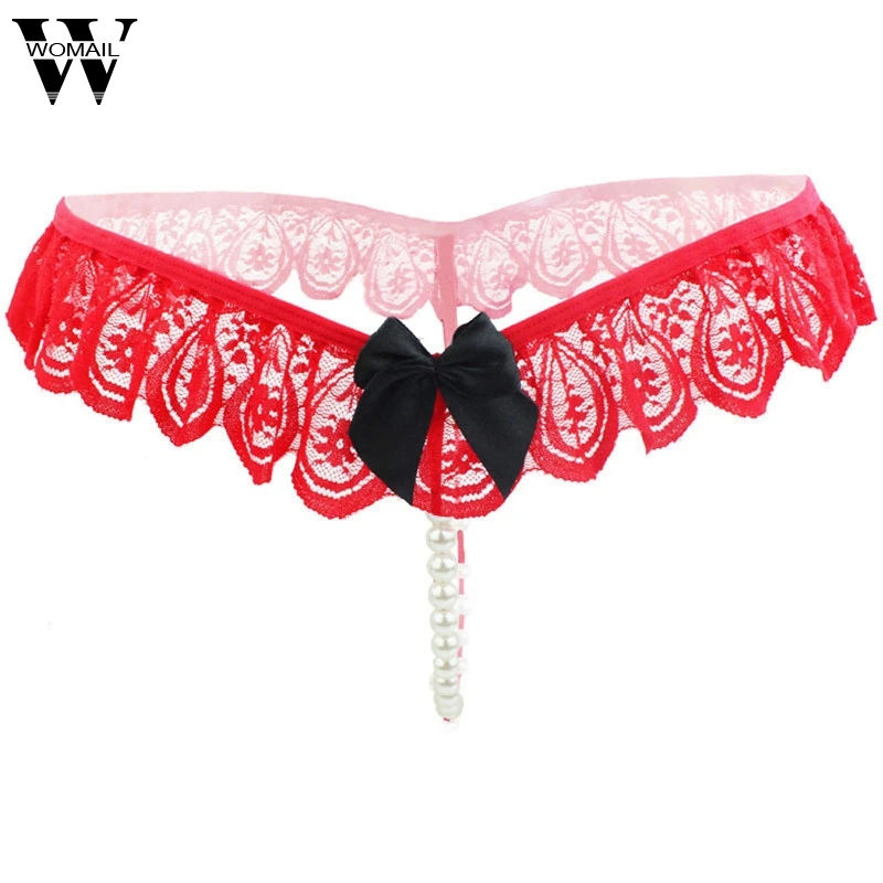 Однотонные женские сексуальные открытые стринги и кружевные с жемчугом трусики