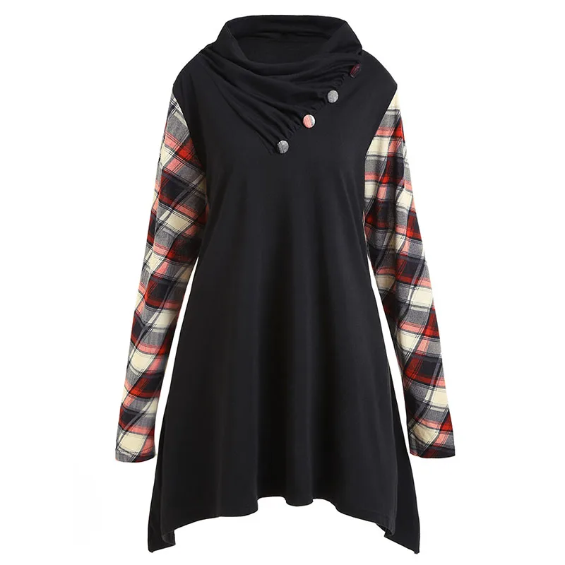 PlusMiss плюс размер 5XL кучи воротник плед панель туника Топ женский длинный рукав