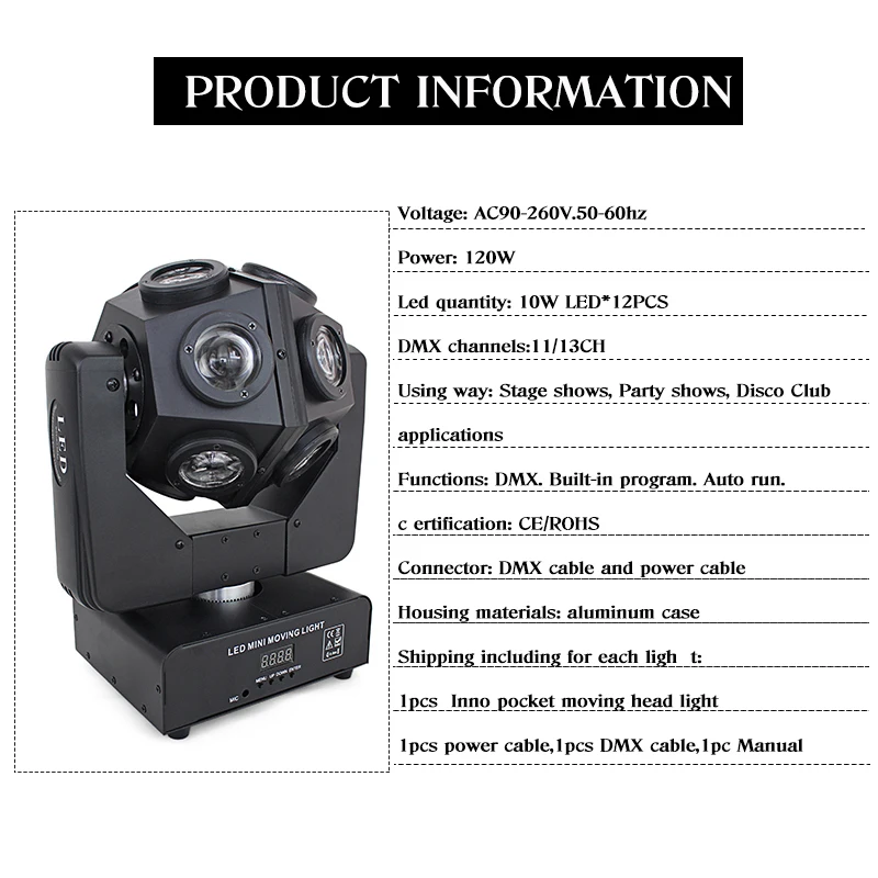 LED Moving Head Lights with 12Pcs Lamp Beads 10W Pocket Beam Unlimited Rotation RGBW 4 In 1 DMX512 for Party Disco Shows | Лампы и