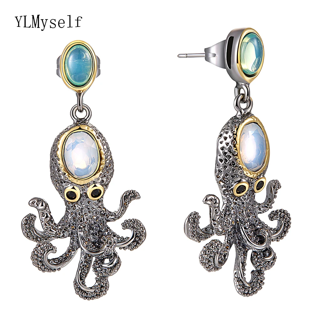

Very cute Dangle Earrings Light Green/White Oval Stones Octopus animal design Jewellery Black Gold color Vintage Drop earring
