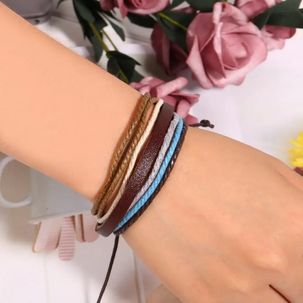 layer Adjustable Multilayer Unisex Casual Composite Cuff Wristband Braided Rope Artificial Bracelet Charm multi Wax Leather | Украшения и