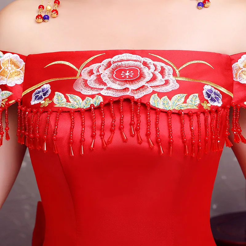 

Red Wedding Bride Chinese Style Cheongsam Traditional Lady Long Qipao Embroidery Women's Evening Dress marry Clothes S - XXL