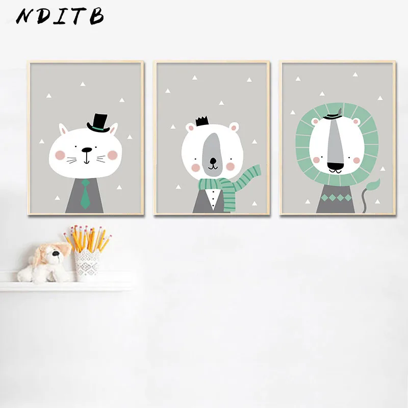 Милый мультфильм животных Медведь Лев стены искусства холст плакат