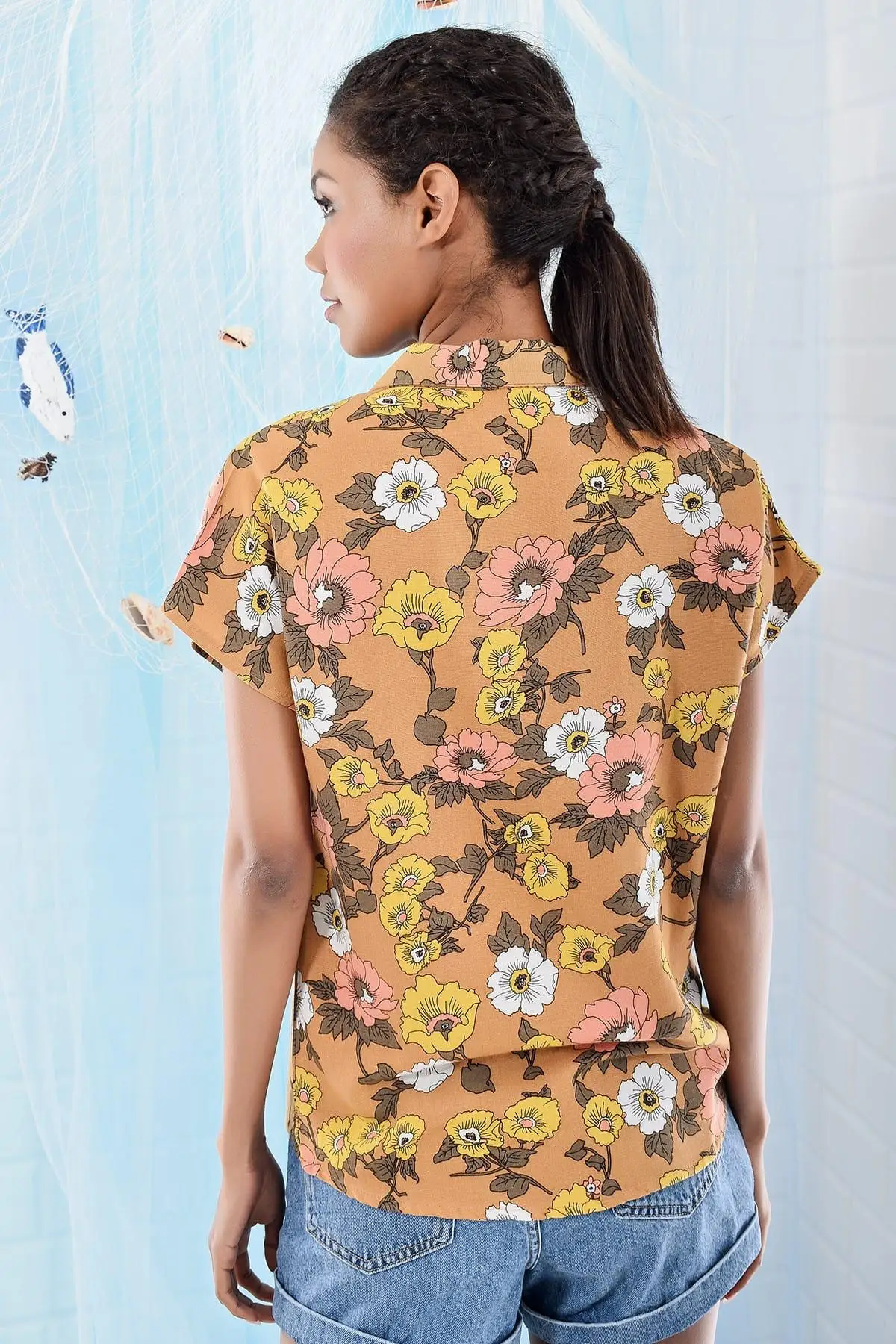 Trend: alacati Style Women Camel Short Sleeve Print Shirt ALC-6722 |