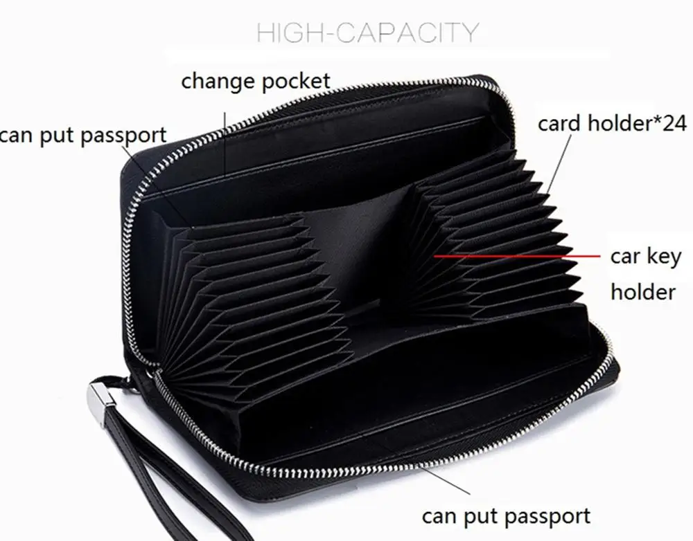 Высокая емкость унисекс RFID держатель для карт, кошельки, спилок, Мужской Длинный кошелек на молнии, кредитные карты, кошельки с ремешком на запястье