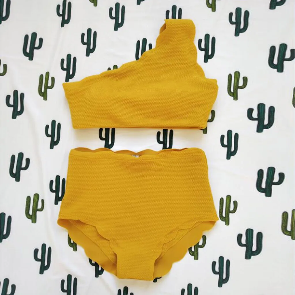 Summer Beach Bathing Suits Lady High Waisted Pieces Scalloped Trim One Shoulder Bikini female two pieces Waist | Женская одежда