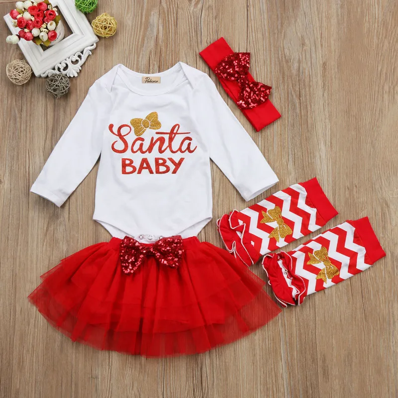 Pudcoco 5pcs/set Girls Christmas Clothes Xmas Newborn Baby Santa Bodysuit Tulle Skirt Leg Warmer Headband Winter Set | Мать и ребенок