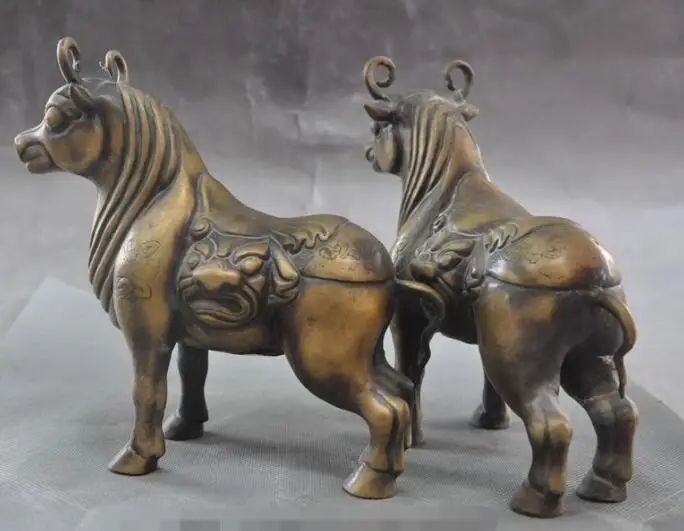 

S03637 7" Chinese bronze fengshui Animal Beast Head Oxen Bull Bovine Lucky statue pair