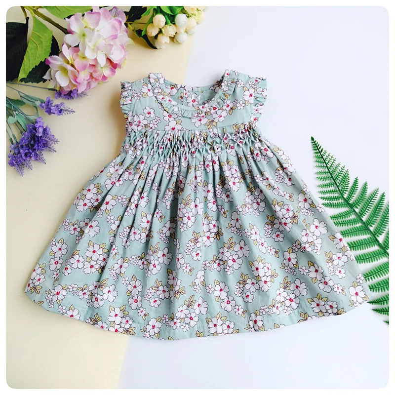 New Summer Kids Sleeveless England Handmade Smock Belt Bowknot Floral Printed Little Girls 9M-36M Princess Vest Dresses | Детская одежда