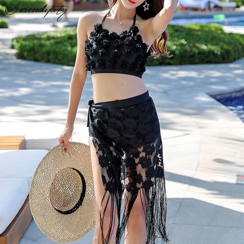 Белый купальник женский сексуальный черный бикини набор из 3 предметов пляжный