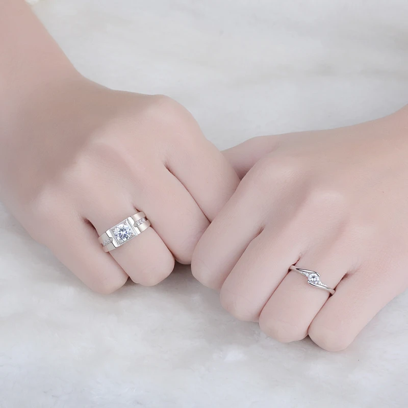 Сияющий Циркон Пара Кольца с изменяемыми размерами 925 пробы для влюбленных из