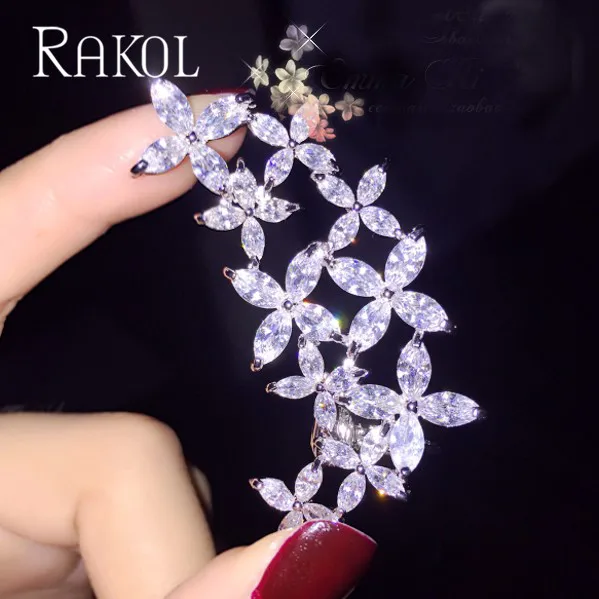 RAKOL, модные серьги-гвоздики с кубическим цирконием и цветами, асимметричные для ушей, для женщин, белый кристалл, свадебные серьги, ювелирные изделия RE0530K