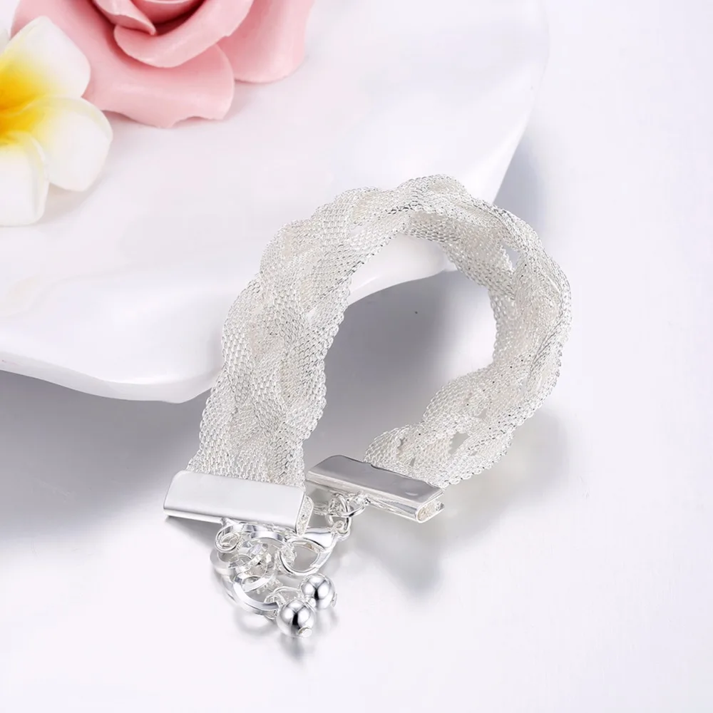 Women's jewelry 925 stamped silver plated fashion charm 8'' wide 25mm Cross Mesh chains bracelets gift pouches free shipping |