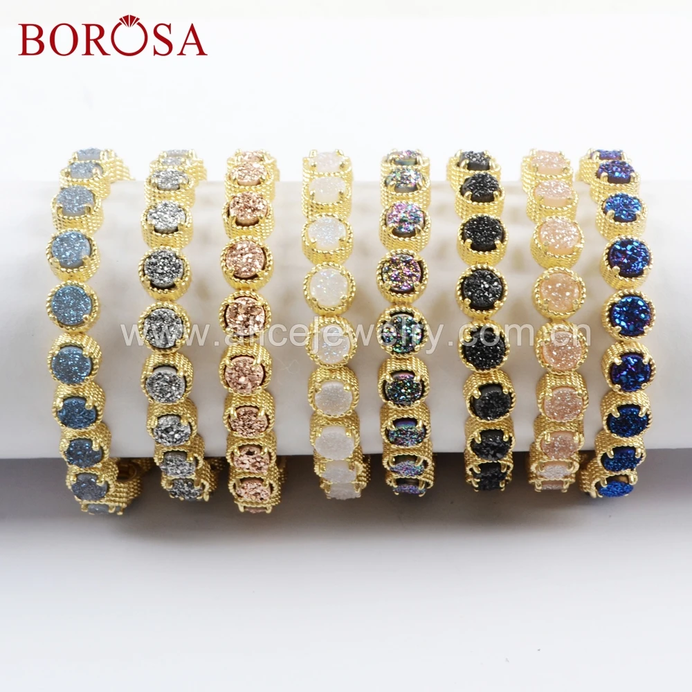 

BOROSA 1piece Stone Bangle Gold Color Titanium Rainbow Druzy Bracelets with Twenty-Stones Drusy Jewelry ZG0353