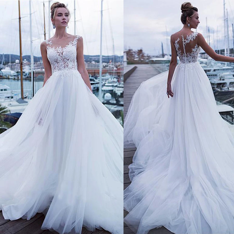 Fantastic Tulle Jewel Neckline A-line Wedding Dresses With Beadings Lace Appliques Handmade Flowers Beach Gowns | Свадьбы и