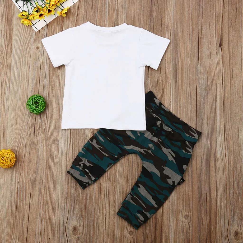 ISHOWTIENDA Toddler Kids Baby Boys Letter Tops T-shirt Camo Pants Set 2PCS Clothes Outfits Boy Summer |